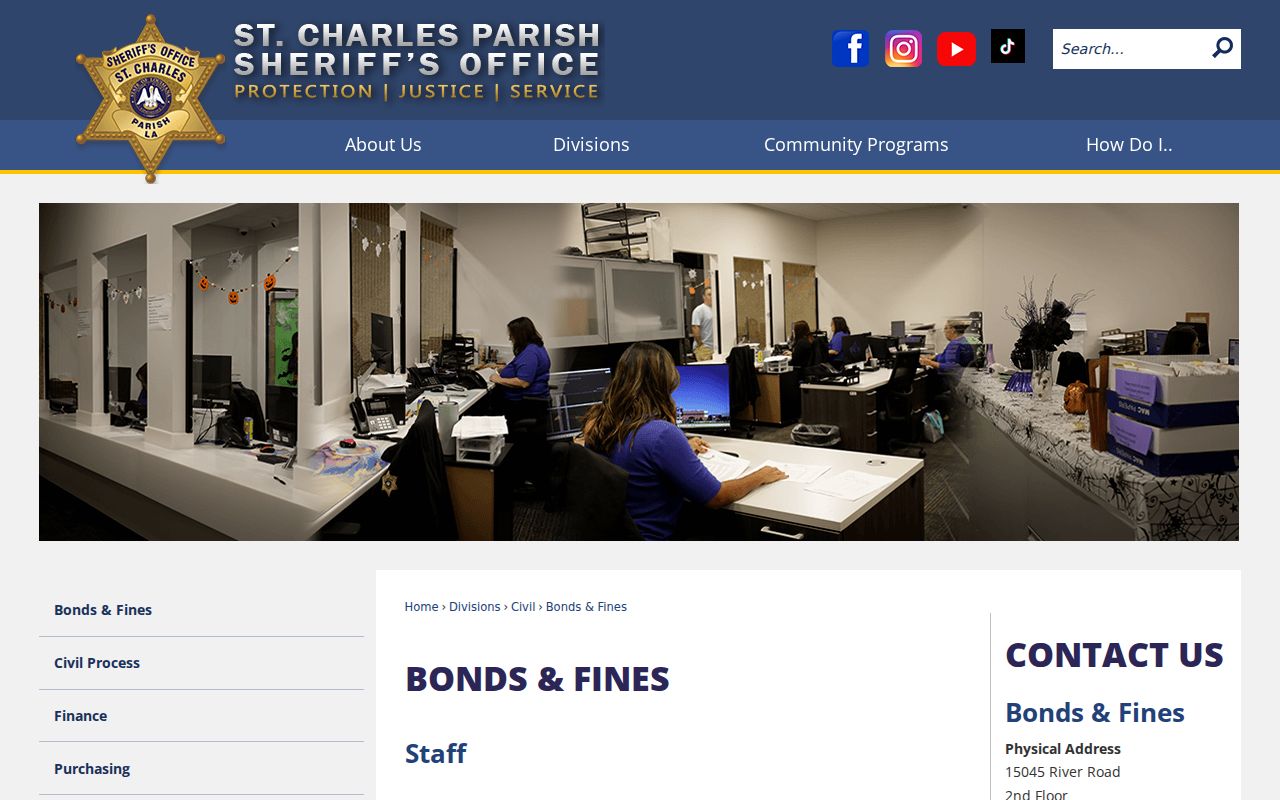 St. Charles Parish Sheriff Bonds and Fines office address, hours, and payment information
