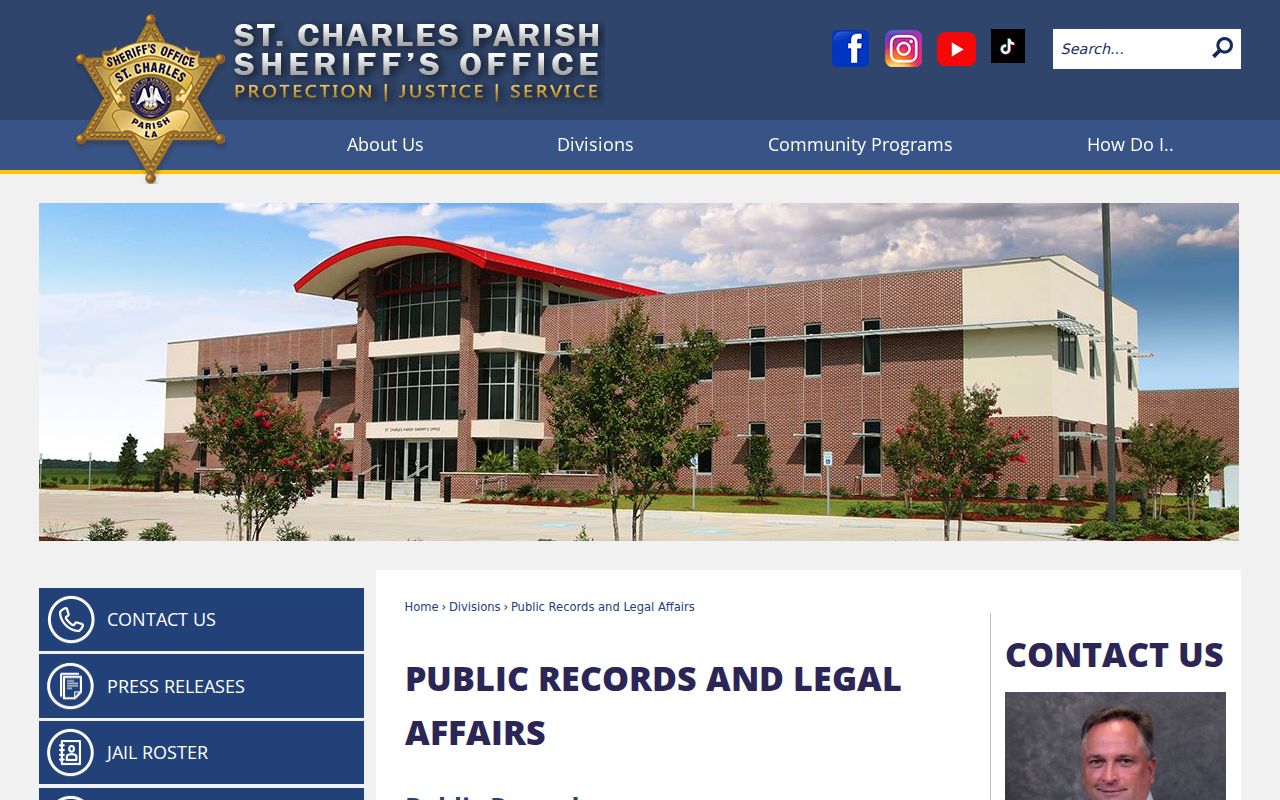 St. Charles Parish Sheriff public records page with written request instructions and fees