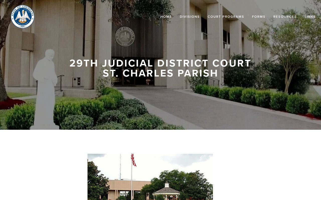 29th Judicial District Court page showing jurisdiction, divisions, and court contacts