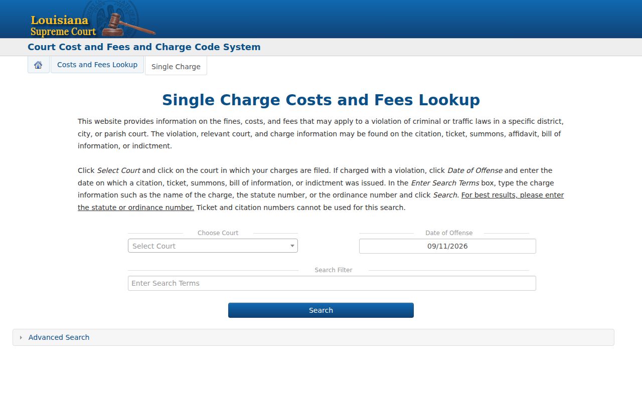 Louisiana charge-code search form with court, offense date, and charge category fields
