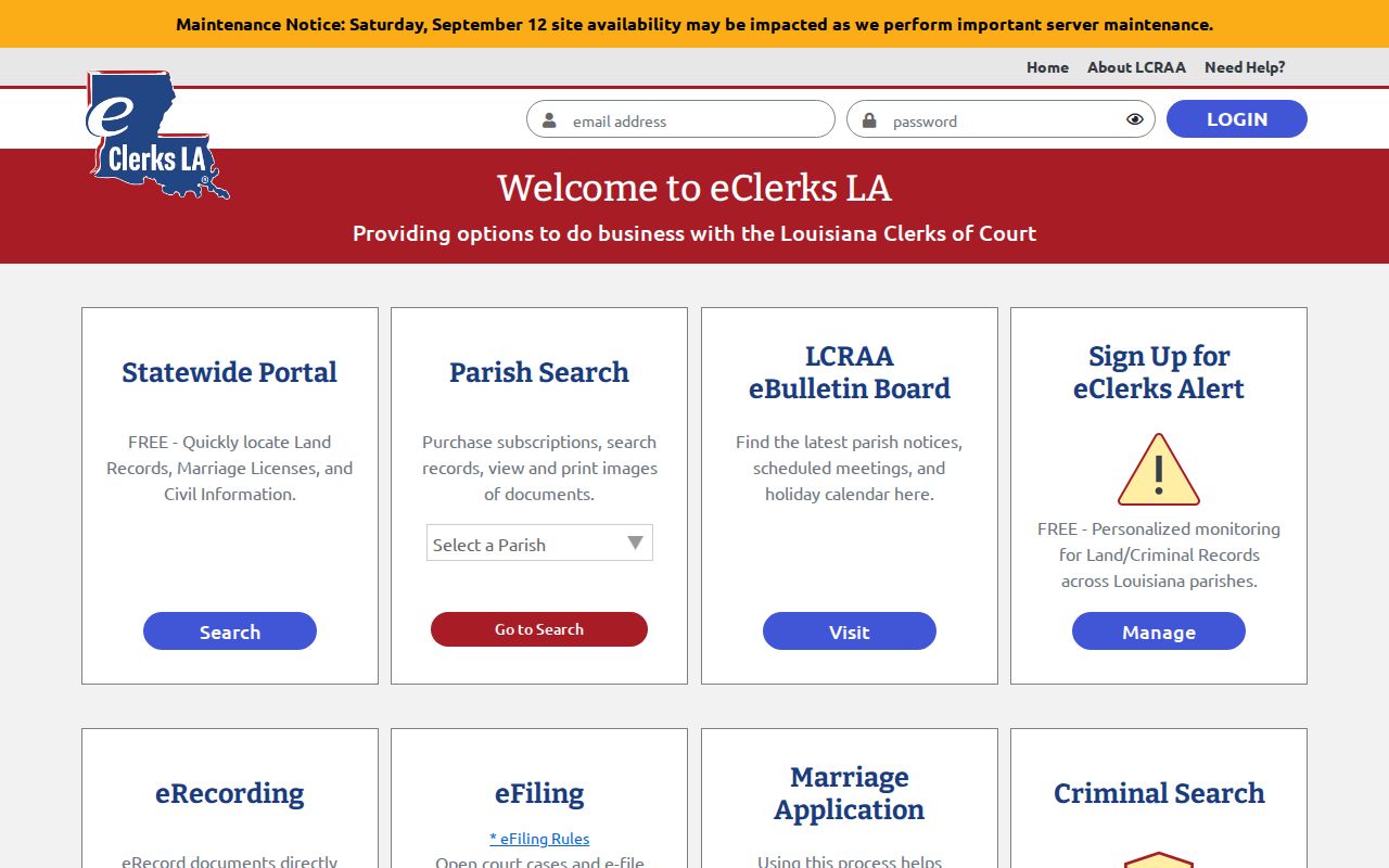 eClerks LA home page with criminal search and statewide portal tiles