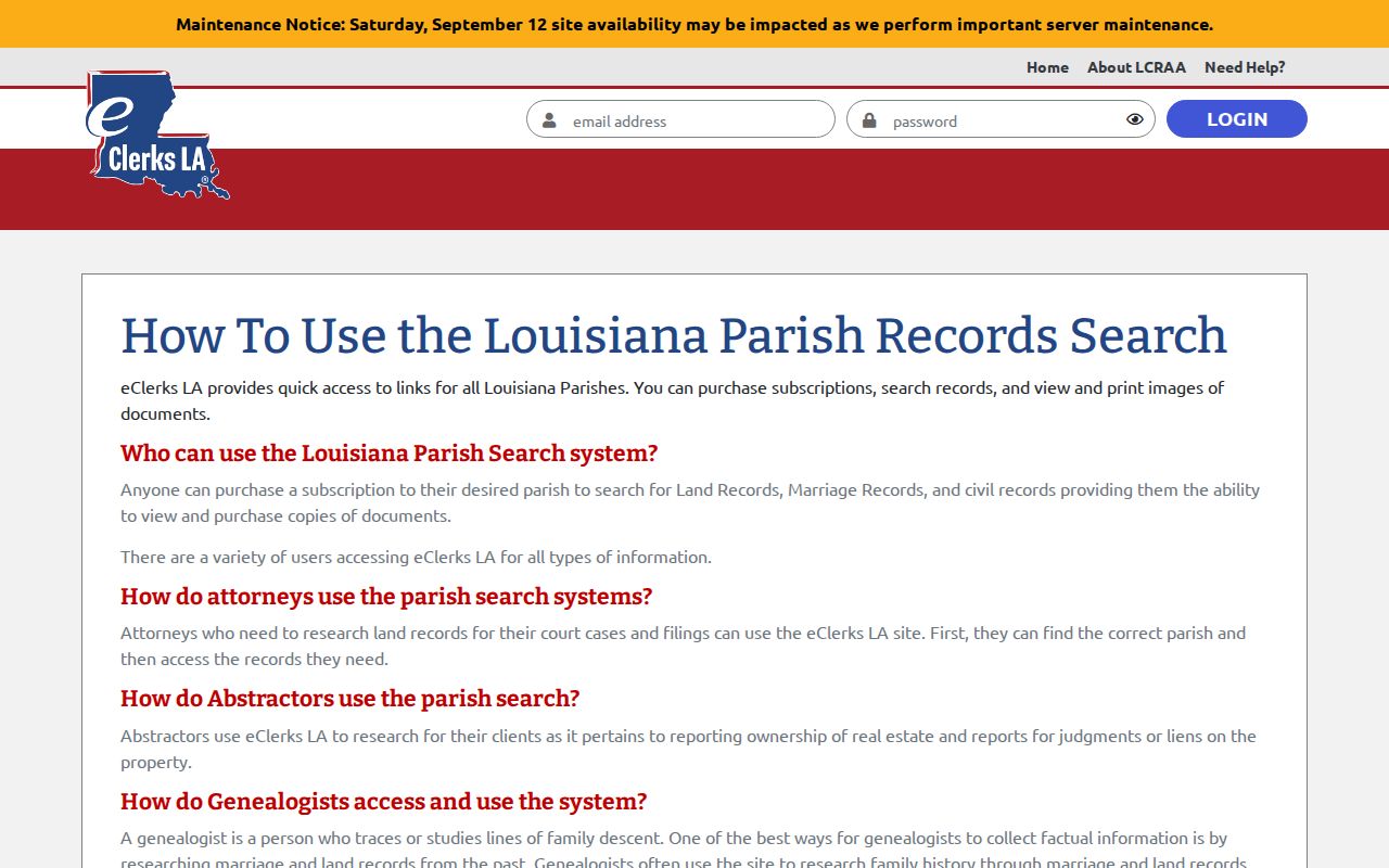 eClerks LA parish search help page explaining parish selection and access