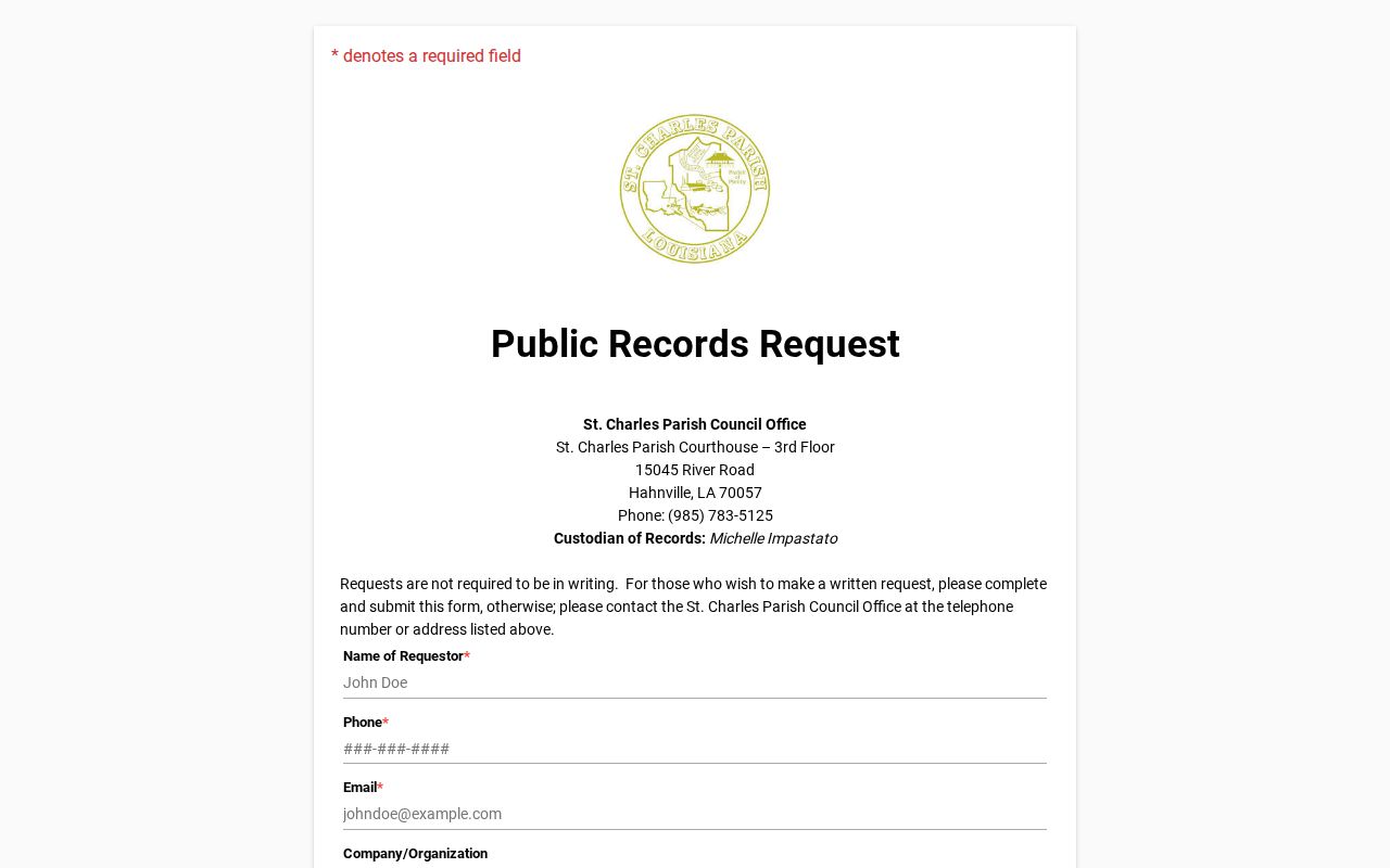 St. Charles Parish JustFOIA public records request form interface