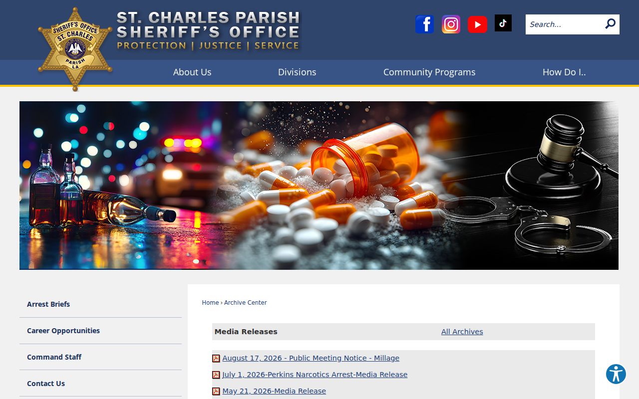 St. Charles Parish Sheriff news archive search list with dated release categories