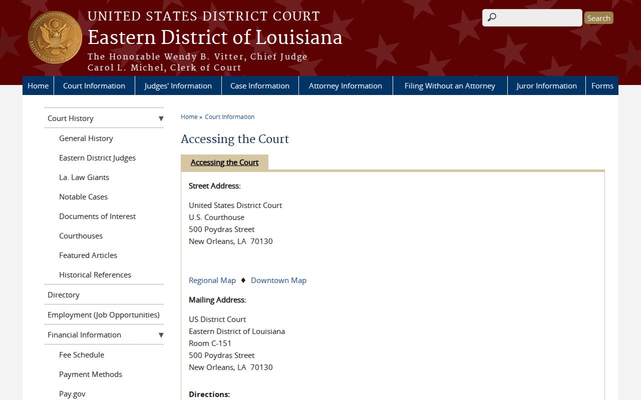 Eastern District of Louisiana federal courthouse location and access information