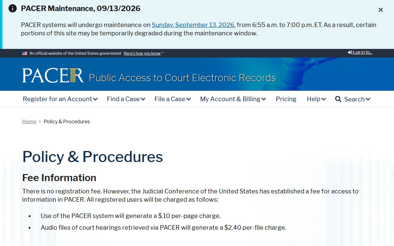 PACER fee and registration help interface for federal court records