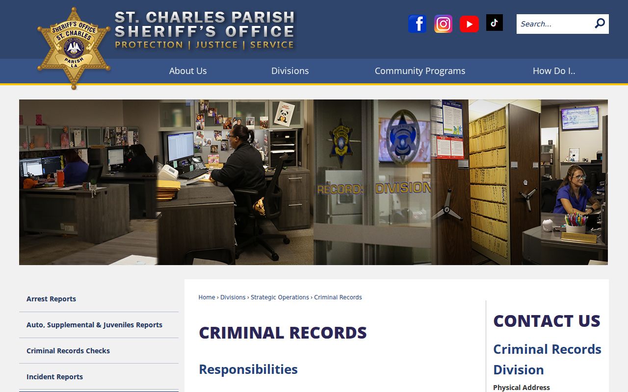 St. Charles Parish Sheriff Criminal Records page listing arrest warrant and attachment file duties