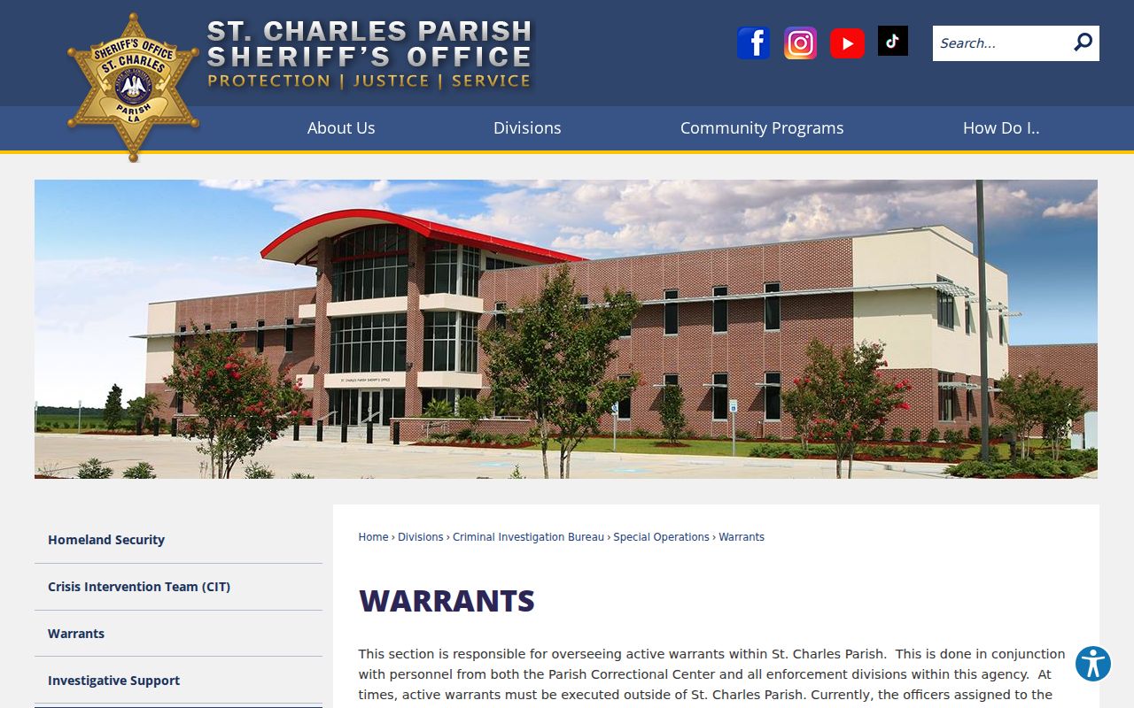 St. Charles Parish Sheriff Warrant section page describing active warrant oversight