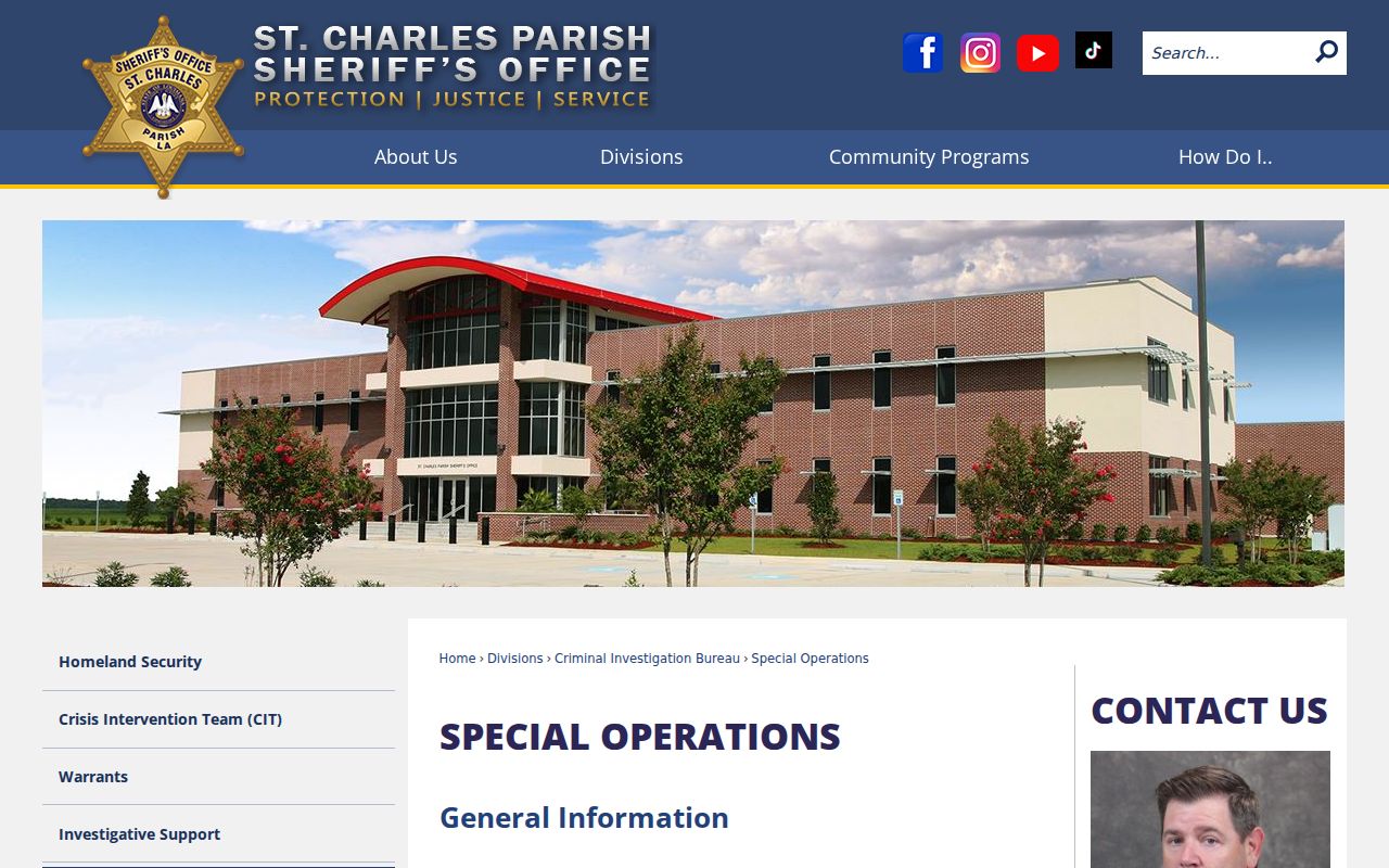 St. Charles Parish Sheriff Special Operations page showing the Warrant section responsibility